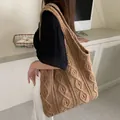 Light khaki large knit shoulder bag with vintage crochet hollow mesh for beach vacation - Cable Knit / 805 Cable Brown