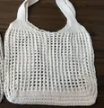 Minimalist cream white knitted mesh tote bag with retro crochet hollow design for beach - Large Hollow / 105 Apricot