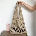 Minimalist beige crochet knit tote bag with retro hollow mesh texture and natural style - Thick Grid / 809 Khaki