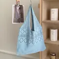 Light blue handmade knit tote bag with geometric hollow diamond crochet pattern - Geometric Woven / Diamond