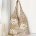 Chic cream white crochet tote bag featuring daisy flower embroidery for summer beach trips - Daisy Sunflower / Sunflower Khaki