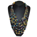 Bohemian multi-layer wooden bead necklace in mustard yellow, teal, and brown tones - Brown Multi