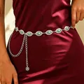 Silver multi-layer metal waist chain with turquoise stones and rose pendant - Silver Turquoise Oval Chain (X503-1)