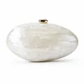 Detailed close-up of oval acrylic evening clutch with pearl marble texture and gold clasp - White (Pearl)