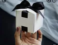 Elegant white square gift box with a large black satin bow and minimalist H design - White Box Black Ribbon / 6.5*6.5*6.5cm