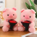 Pink plush pig dolls with red velvet flower bouquets in a cozy wooden home setting - 32 Cm Holding A Flower Pig / Price And Color Are Random For Single Pieces Around 40cm In Length.
