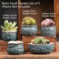 Set of 5 vintage embossed ceramic succulent pots with blue glazed floral designs - Retro Xiaoman
