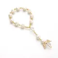 Elegant white rose bead bracelet with golden angel wing charm and crystal dangles - Cream White Gold Wings / Off White