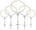 Five-piece Catholic pearl rosary set with silver metal medals and crucifix pendants - Silver Cross / Silver