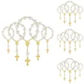 Religious rosary bracelet with white pearls, gold cross, and angel wing medal charms - Gold Flat Rose Cross