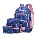 3-piece school backpack set with blue camo print and pink zippers for students - Three-Piece Set / Blue