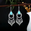 Bohemian silver drop earrings with turquoise stones and vintage tassel fringe - E1075 (Antique Silver Teal Floral Hollow)