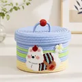 Handwoven blue and green striped storage basket with cute 3D cartoon animal patch - Striped Blue - Backpack Puppy (22*15)