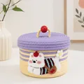 Handwoven cotton rope storage basket with lid, yellow and purple basket with bear patch - Striped Purple - Backpack Puppy (22*15)