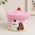 Pink and white striped cotton rope storage basket with lid and cartoon animal patch - Striped Pink - Backpack Puppy (22*15)