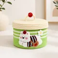 Green and white striped woven storage basket with a red pom-pom lid and a cute bear patch - Striped Beige - Backpack Puppy (22*15)