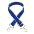 Adjustable blue geometric jacquard bag strap with gold metal hooks and white border - Royal Blue Beige Edge