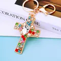 Golden cross keychain pendant with colorful rhinestones and teardrop crystal charm - White Crystal Cross (A792)