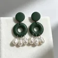 2605069 Green Wooden Irregular-shaped Pearl Tassel Earrings