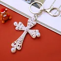 Silver crystal cross keychain with white pearls and lobster clasp for women bag - Silver Pearl Cross (A902)