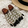 2605080 Geometric Wooden Pearl Tassel Earrings