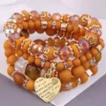 Bracelet multicouche de perles de cristal bohème avec perles orange et pendentif cœur - Orange