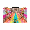 Macro detail of colorful acrylic paneling and chunky resin chain on evening clutch bag - Amber
