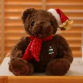 Dark brown curly plush Christmas Teddy Bear with red sequin scarf and Merry Bear paw print - 20cm / Cocoa Brown