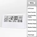 Sleek white smart digital LCD alarm clock with weather forecast and humidity display - Transparent Decorative Clock [with Battery]
