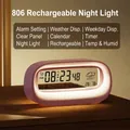 Pink smart digital alarm clock with transparent display showing temp and humidity - Rechargeable Night Light - Rouge Pink