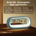 Light blue smart digital alarm clock with transparent display showing weather and temperature - Rechargeable Night Light - Quiet Blue