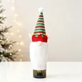 Christmas Gnome wine bottle cover with striped knit hat and white beard decoration - Elf Style