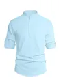 Lichtblauwe heren Henley-shirt van katoen en linnen met opstaande kraag en knoopmouwen - S / Lichtblauw