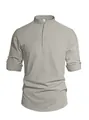 Heren linnen henley shirt in taupe grijs met opstaande kraag en lange mouwen, losse pasvorm - S / Lichtgrijs