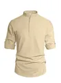 Beige men's cotton linen long sleeve shirt with mandarin collar and henley button detail - Khaki