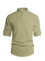Men's khaki long sleeve linen shirt with stand collar and adjustable buttoned sleeves - Army Green