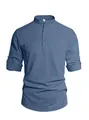 Men's casual long sleeve shirt in Morandi blue with stand collar and buttoned placket - Navy Blue