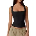 Slim fit black square neck tank top for women in stretchy milk silk fabric - Black