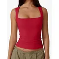 Slim fit red square neck tank top for women in soft milk silk fabric for a trendy look - Red