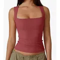 Slim fit square neck tank top for women in deep rose red color with wide straps - Brick Red
