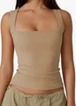 Slim fit khaki square neck sleeveless vest top with elastic fabric for casual styling - Khaki