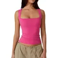 Slim fit fuchsia pink square neck tank top for women in stretchable soft fabric - Hot Pink