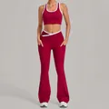 Women's burgundy yoga set with color-block trim and high waist flared leggings - Retro Copper