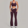 Burgundy two-piece yoga set with white contrast trim, flared leggings, and side pockets - Perfume Purple