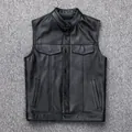 Men's black faux leather motorcycle vest with stand collar and metal button closure - S / Black
