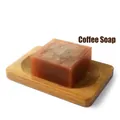 Handmade square translucent coffee soap with a natural wooden holder on white background - Coffee Soap (Naked Soap)