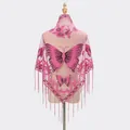 Close-up of pink lace shawl with butterfly embroidery and long tassel decorative fringes - Rose Red