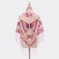 Elegant pink lace shawl with butterfly embroidery and tassel fringe for women - Pink