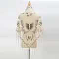 Eleganter beiger Spitzen-Schal mit Schmetterlings-Stickerei und langen Fransen für Damen - Beige