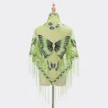 Light green lace shawl featuring butterfly embroidery and fringe tassels on a soft mesh - Fluorescent Green